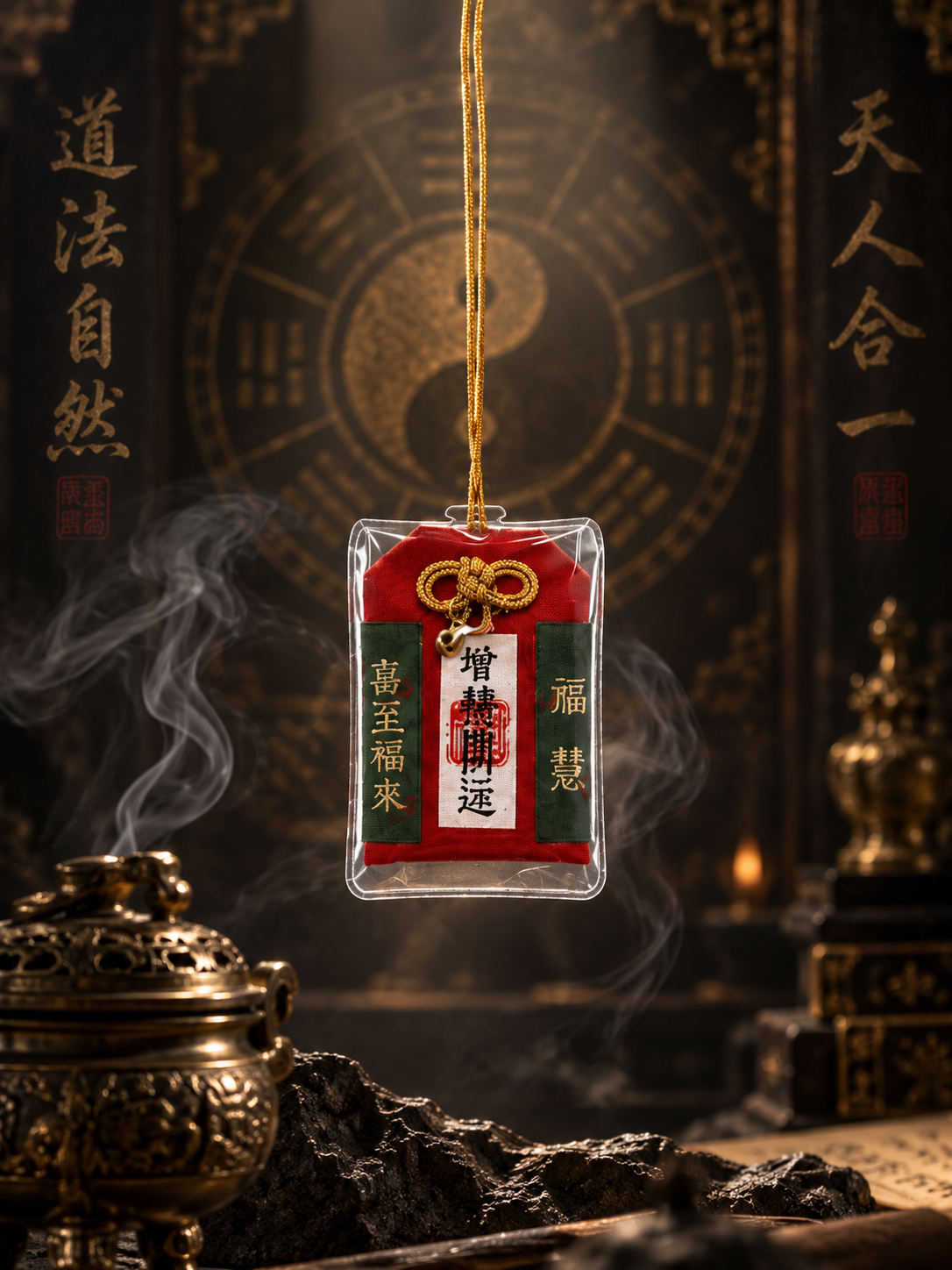 Rectangular Chinese talisman pendant with red and green details and a gold-colored cord