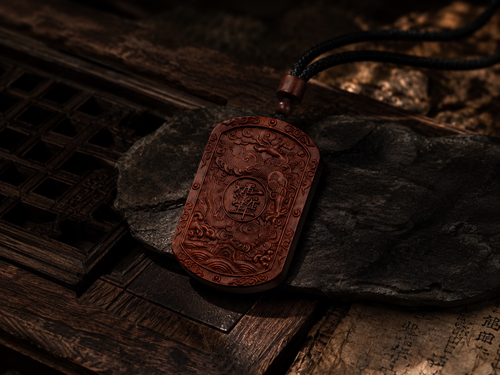 Carved wooden Taoist talisman pendant