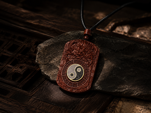 Carved wooden yin-yang pendant