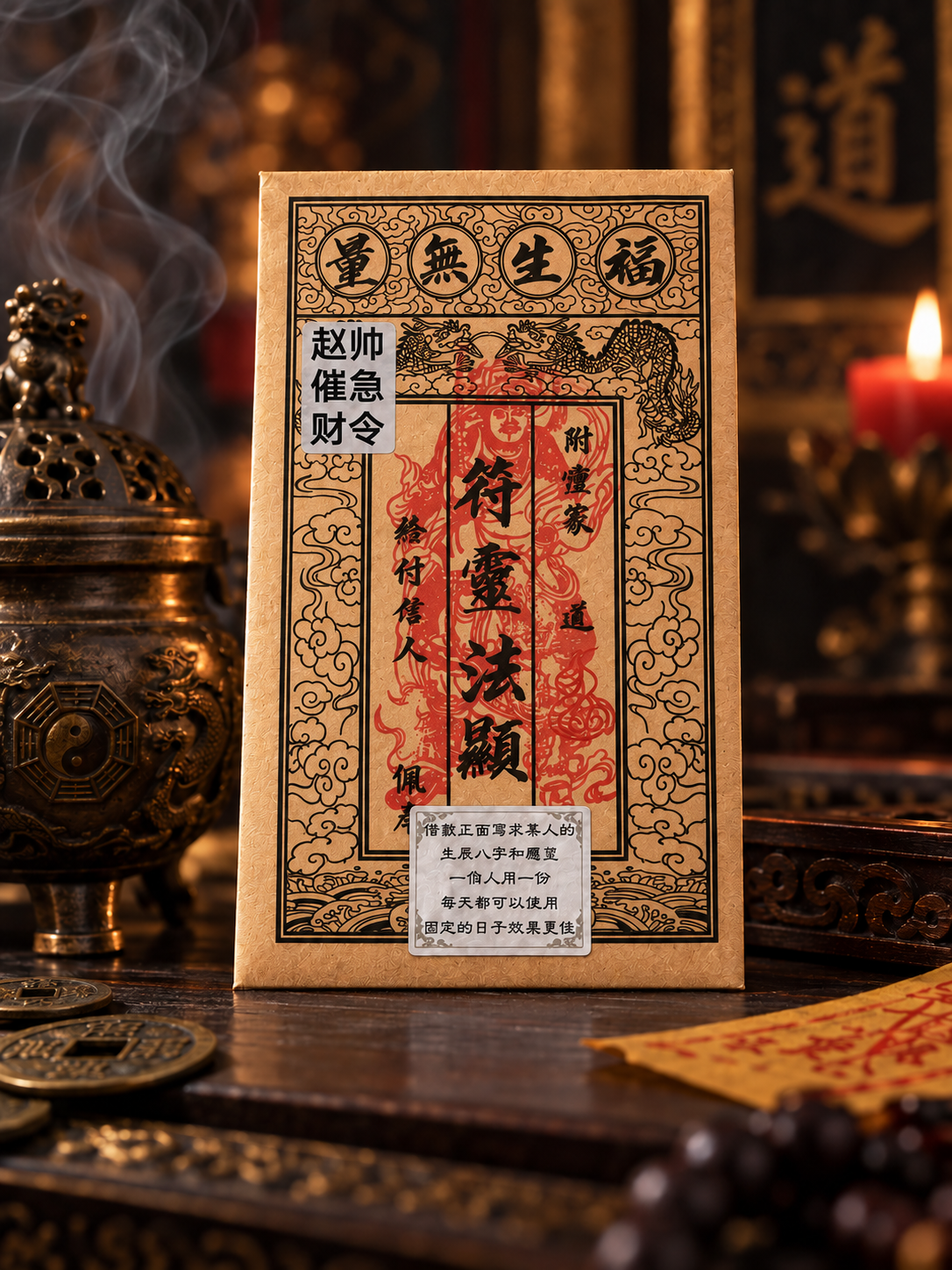 Chinese prosperity talisman card with black dragon border and red calligraphy