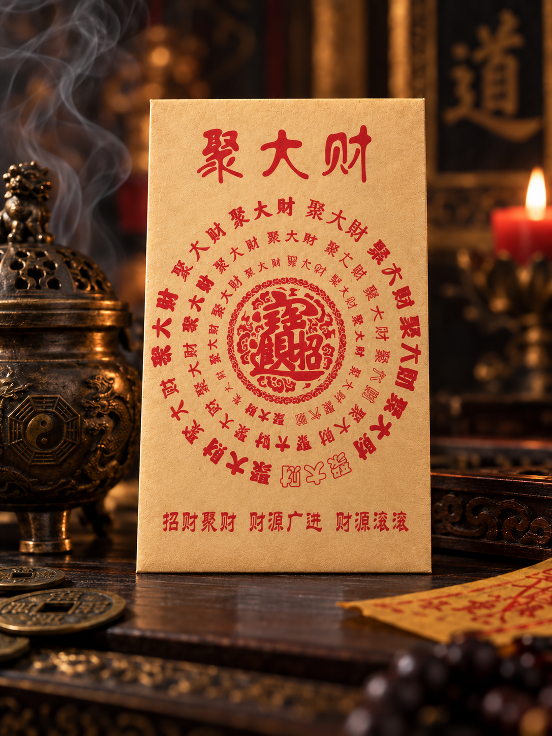 Ju Da Cai prosperity card with circular red lettering, alternate image
