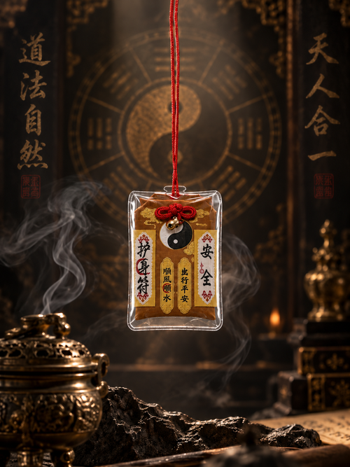 Brown and yellow Chinese talisman charm with yin-yang symbol and red hanging cord
